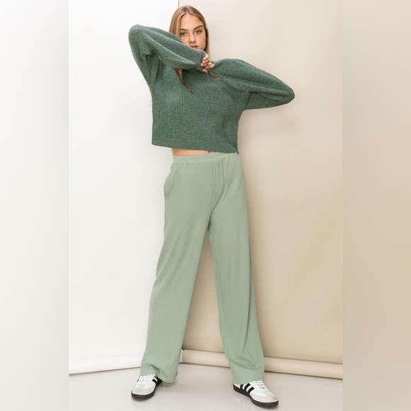 226B-SAGE Ribbed Slit Side Wide Let Pants - Picture 4 of 5
